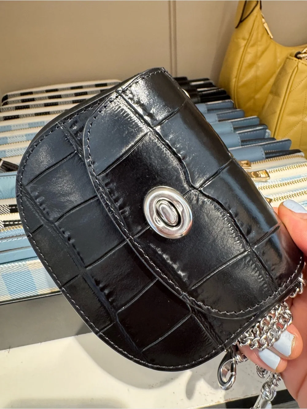 Coach Turnlock Card Case CZ475 Black Croc Leather Chain Bag New